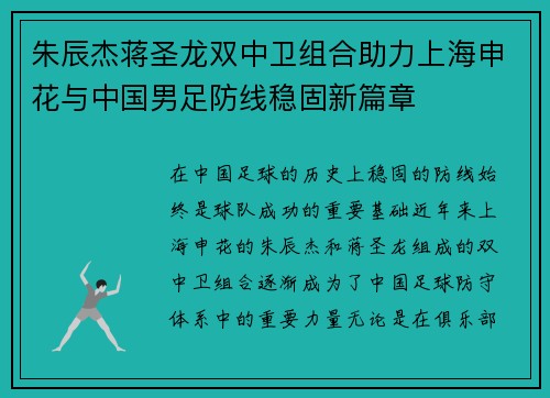 朱辰杰蒋圣龙双中卫组合助力上海申花与中国男足防线稳固新篇章
